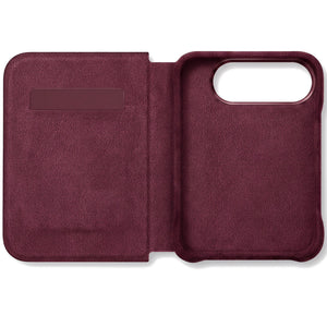 Wine Red Alcantara folio case for iPhone Duo, opened with the card slot