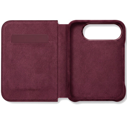 Wine Red Alcantara folio case for iPhone Duo, opened with the card slot